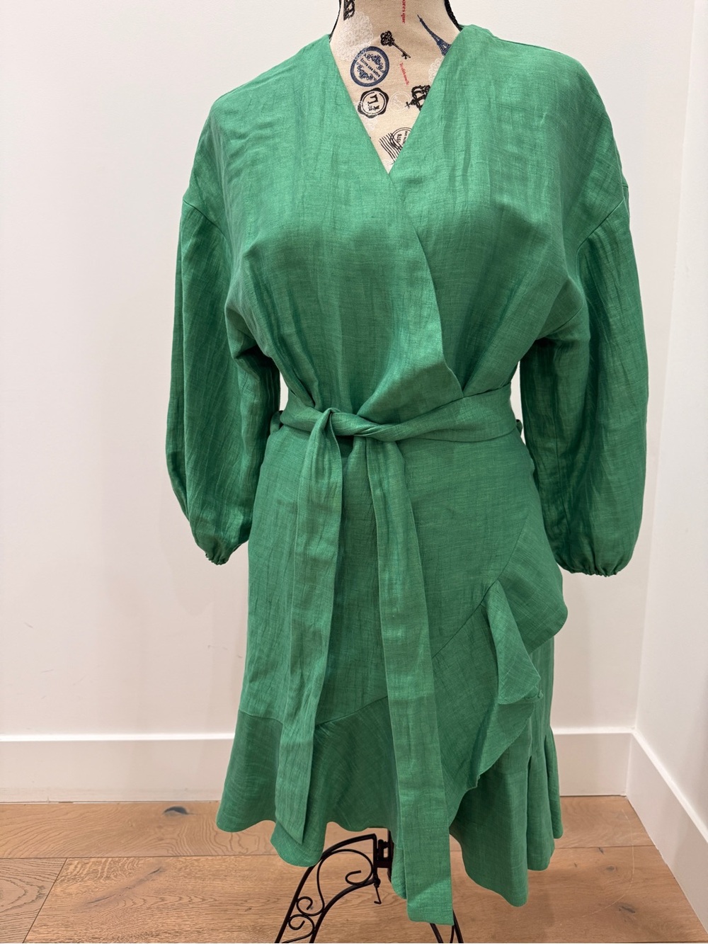 Maje Green Wrap Midi Dress with Tie Waist